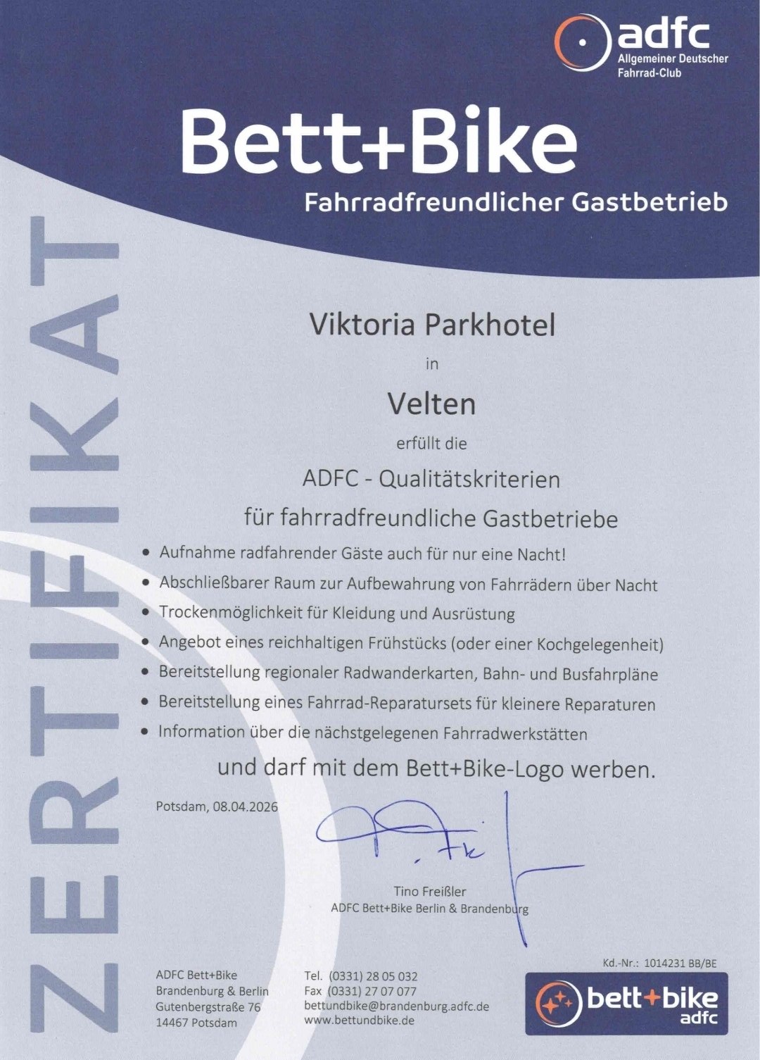 Bett+Bike-Zertifikat des Parkhotels Viktoria